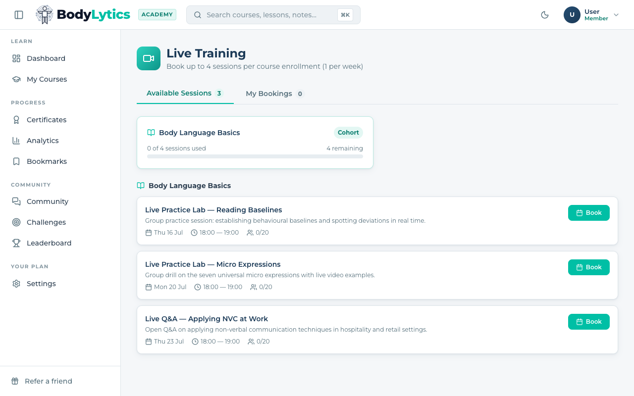 Available Sessions tab listing upcoming Live Practice Lab sessions with Book buttons