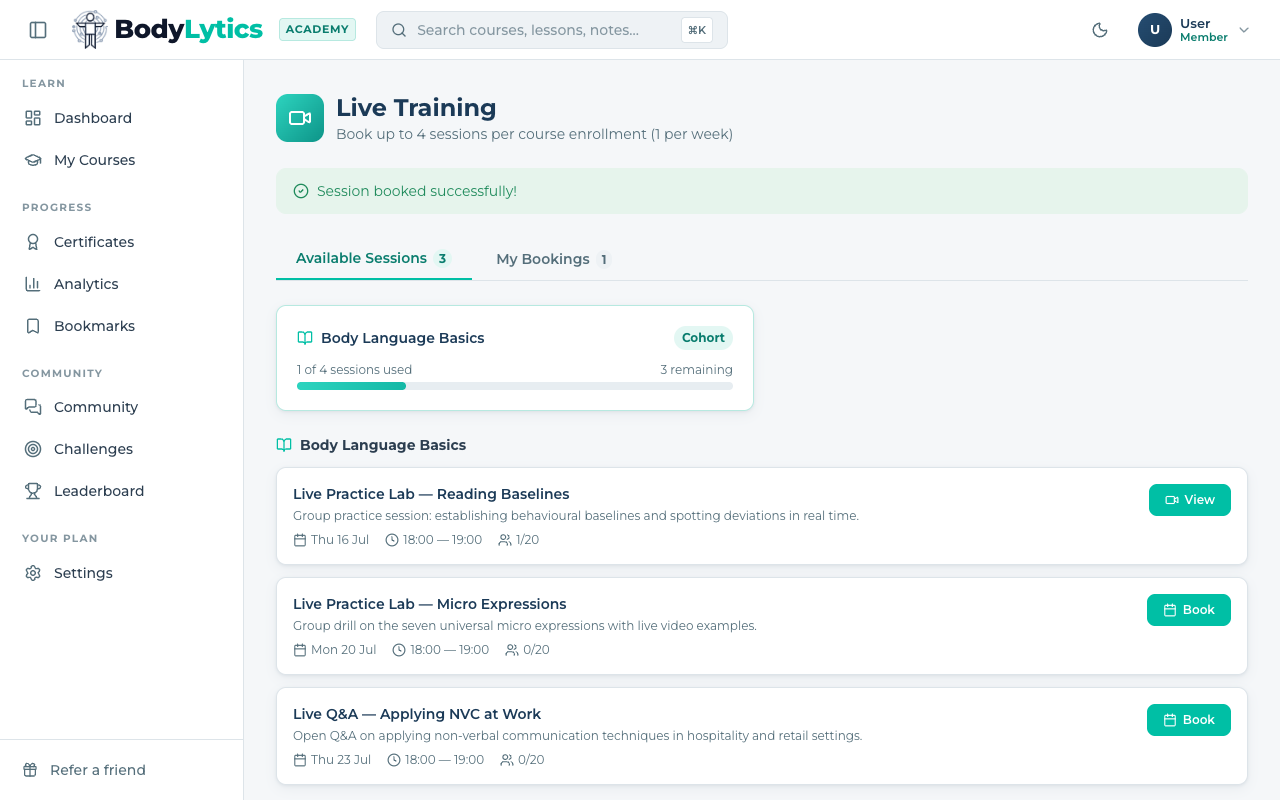 Session booked confirmation banner with reduced remaining session count