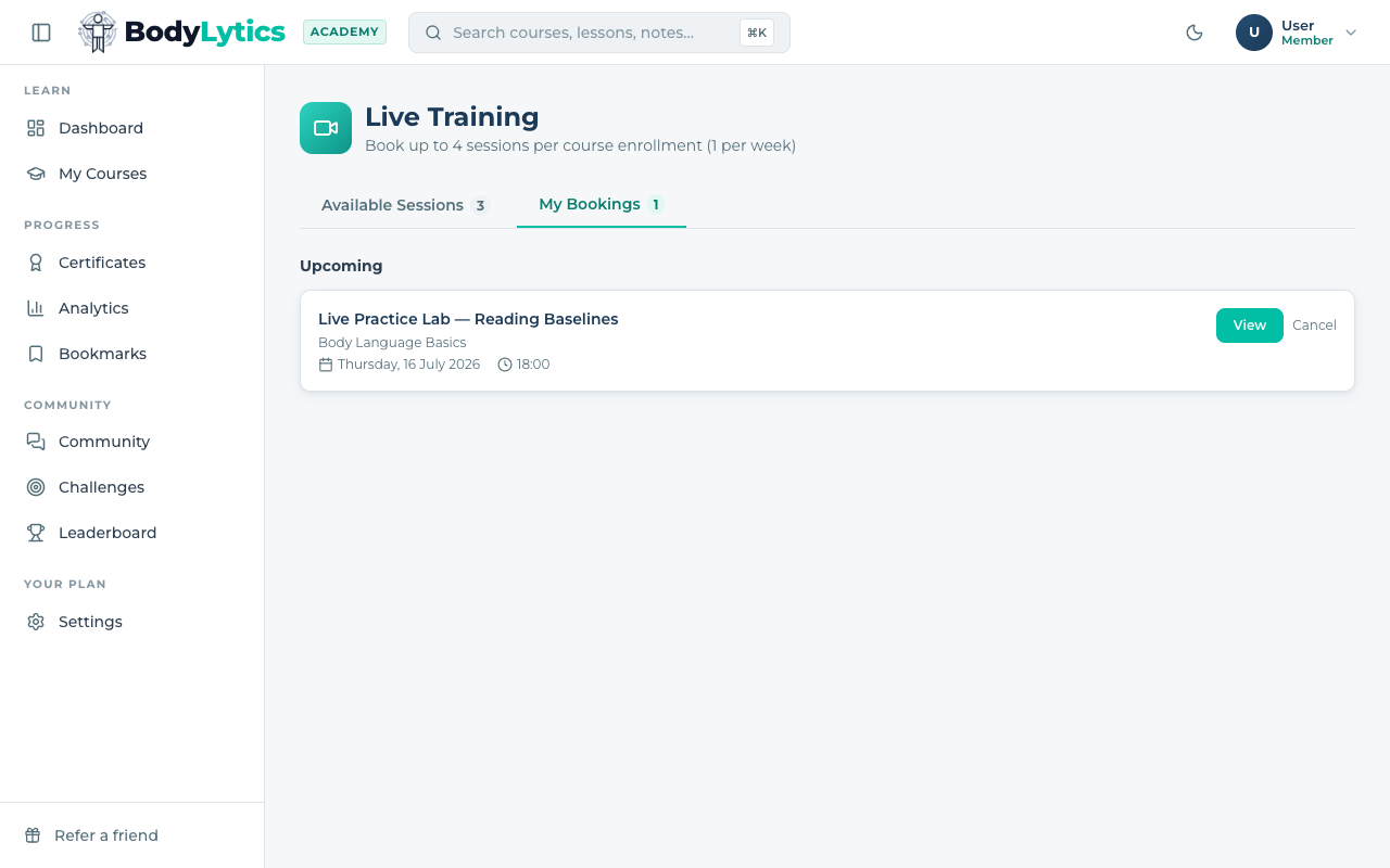 My Bookings tab showing an upcoming reserved session