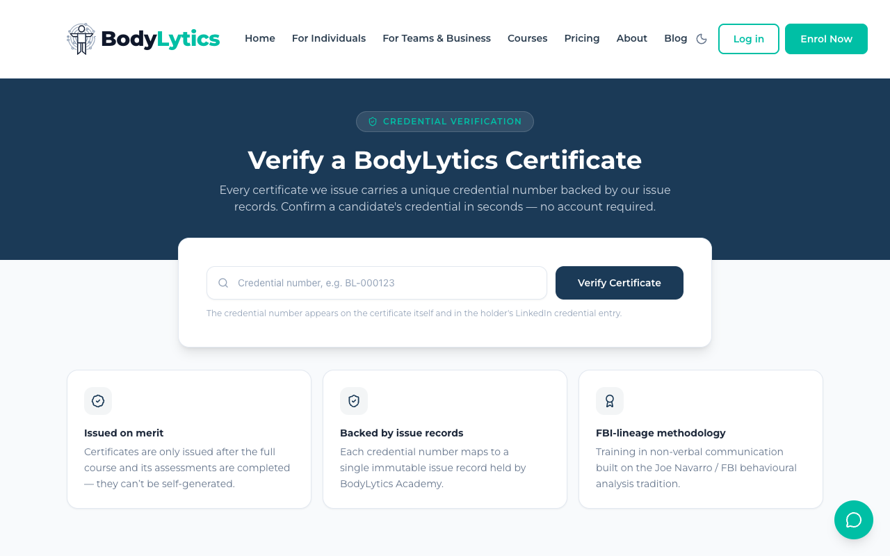 Screenshot: Verify a BodyLytics Certificate page