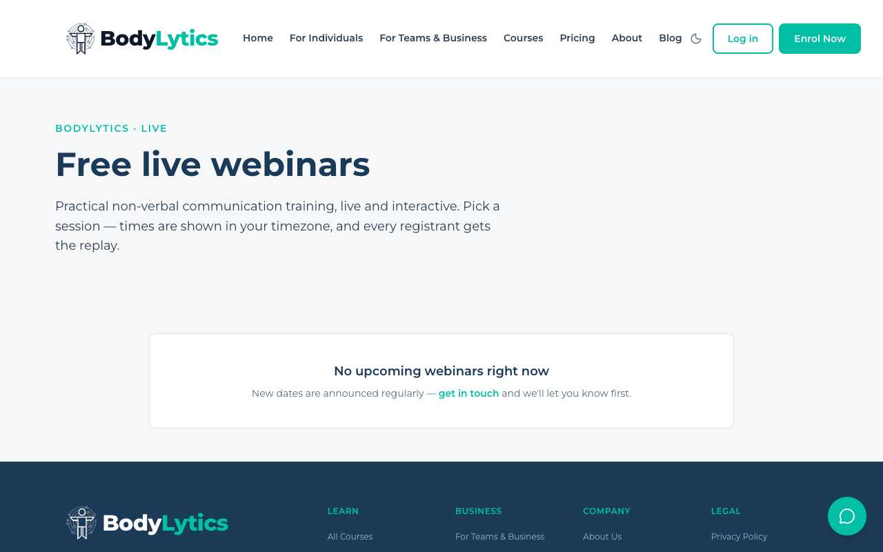 Screenshot: Free live webinars page