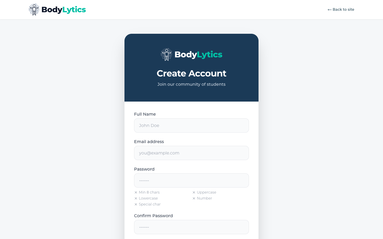 Screenshot: Create Account form with password requirements