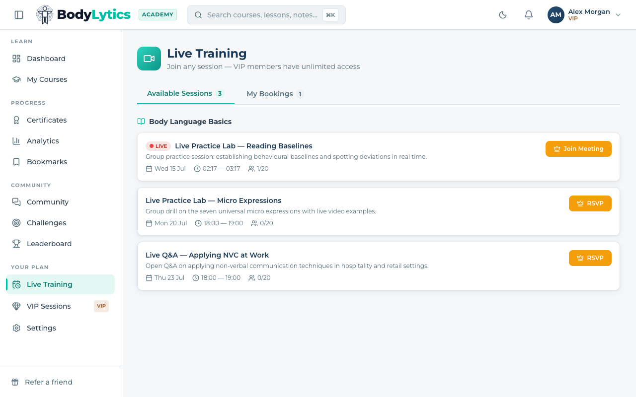 Live Training list showing a session with a LIVE badge and a Join Meeting button