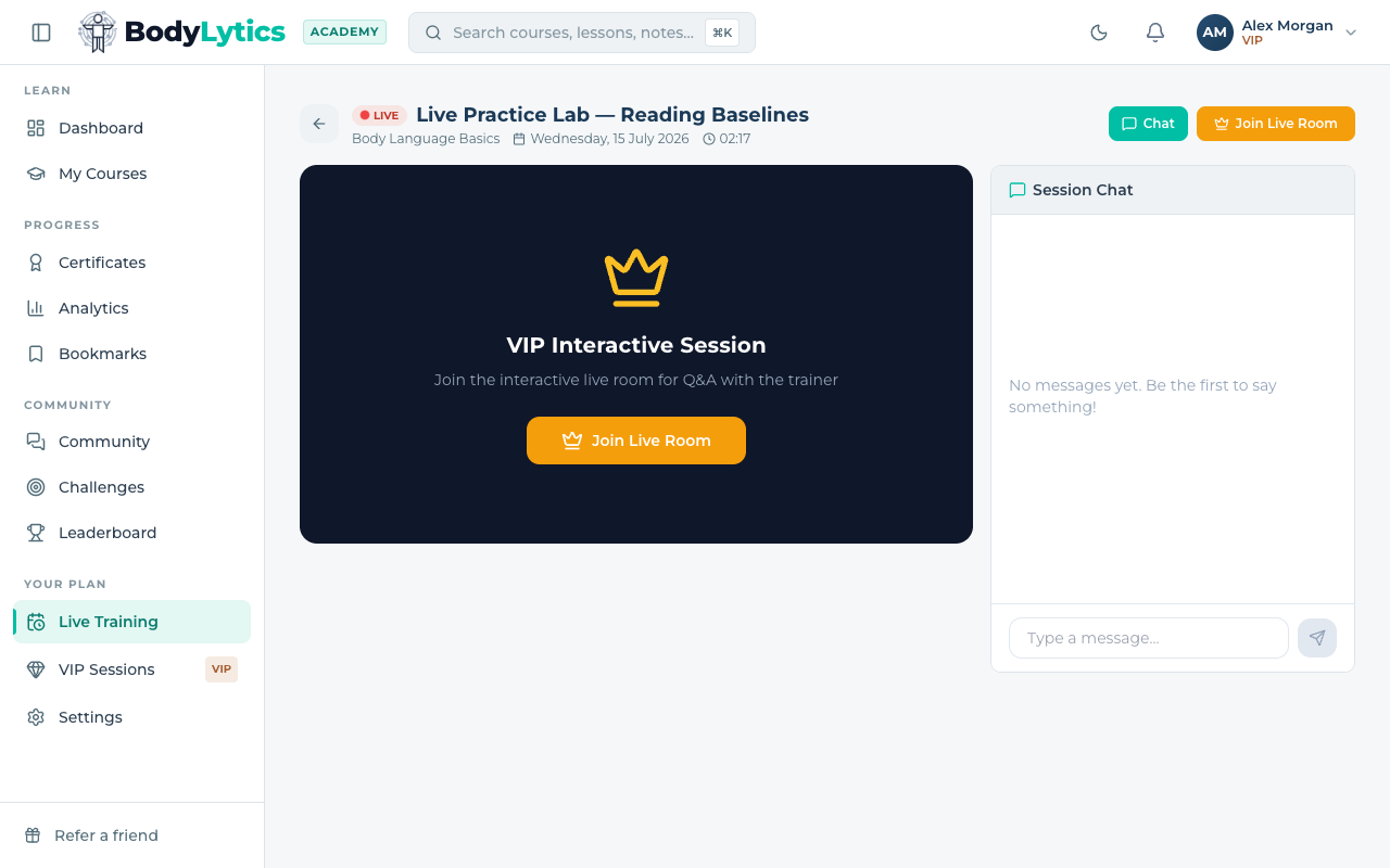Session detail page with a Join Live Room button and a session chat panel