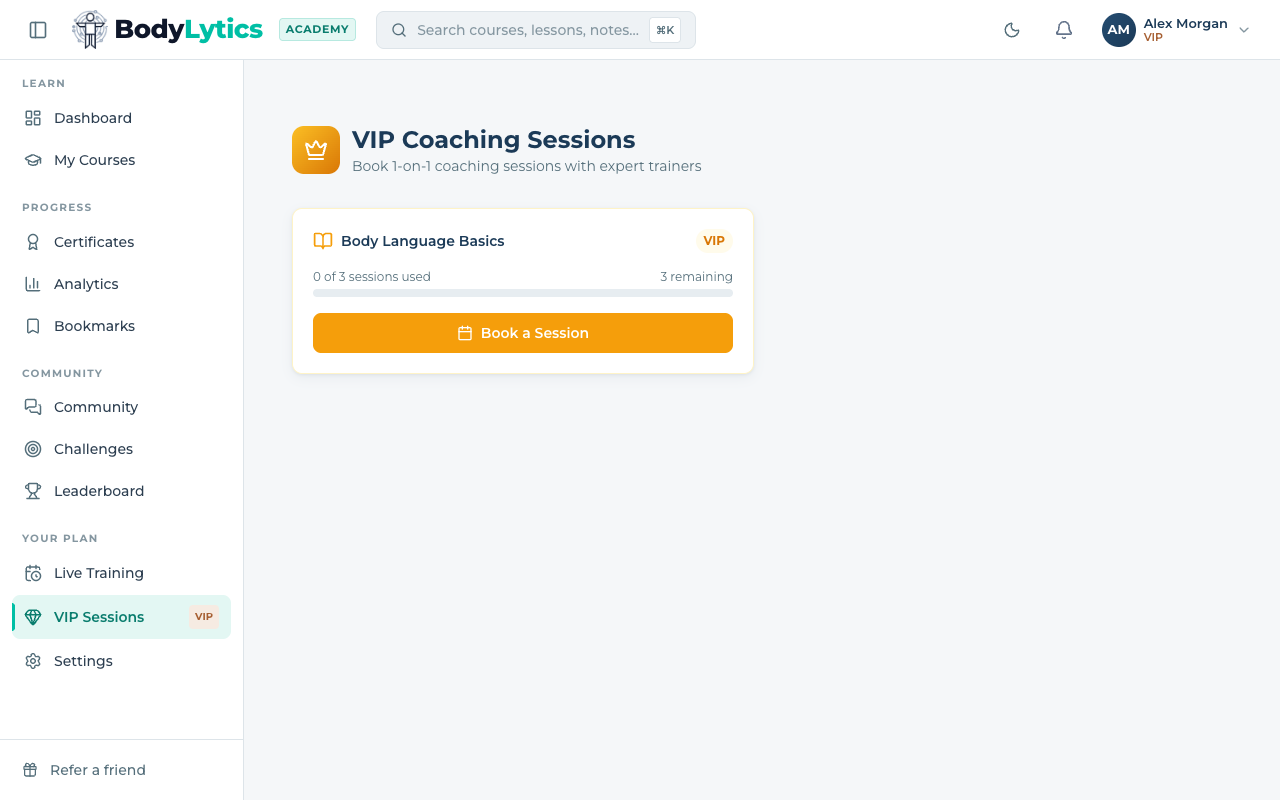 VIP Coaching Sessions overview showing sessions used/remaining and a Book a Session button