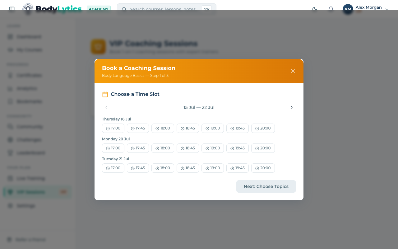 Time slot picker showing available days and time chips