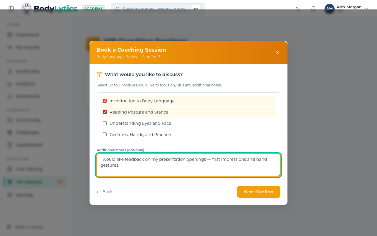 Topic selection screen with checkboxes and a notes field
