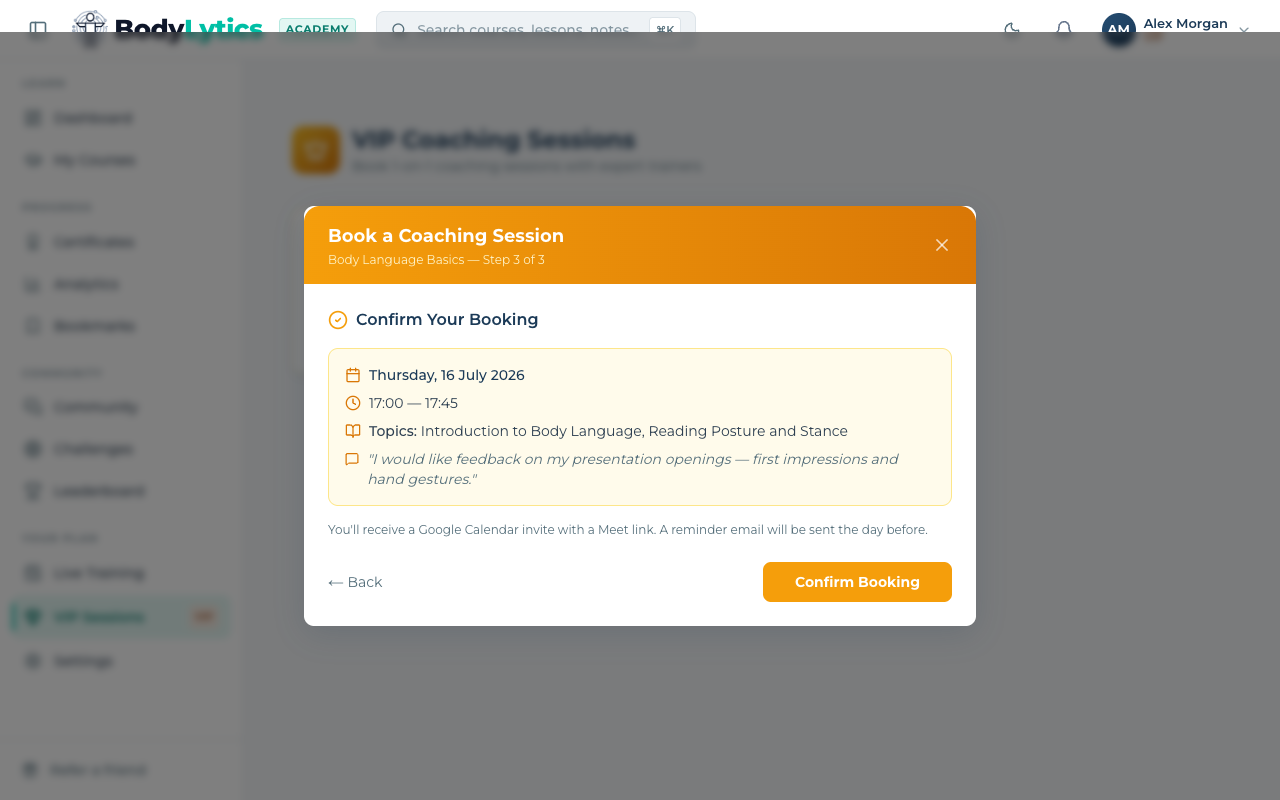 Booking confirmation summary with date, time, topics and notes
